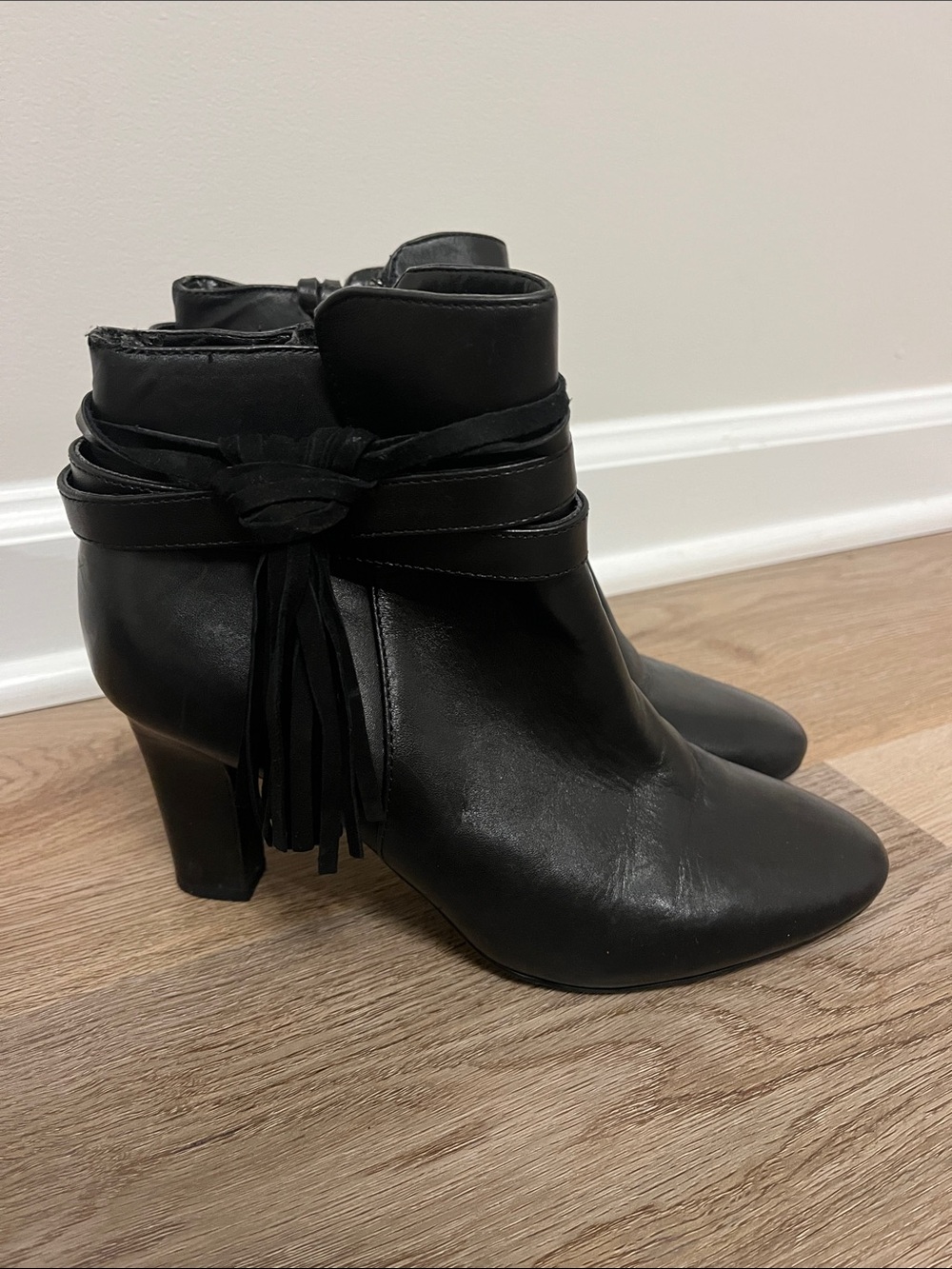 Lauren Ralph Lauren Women's Black Leather Ankle Booties with Tassel Wrap